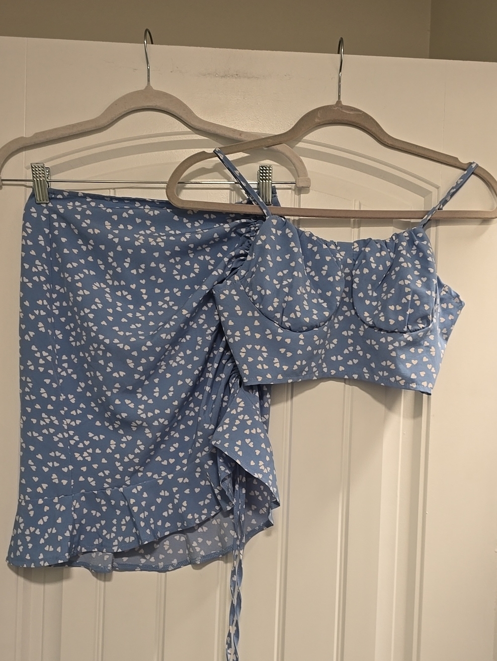 Light Blue Heart Detail Mini Skirt Set